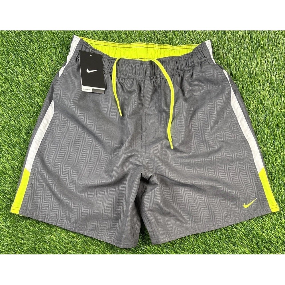 NWT Nike Swim Trunks Sheds Water Sz S Grey Lime Green Athletic NEW